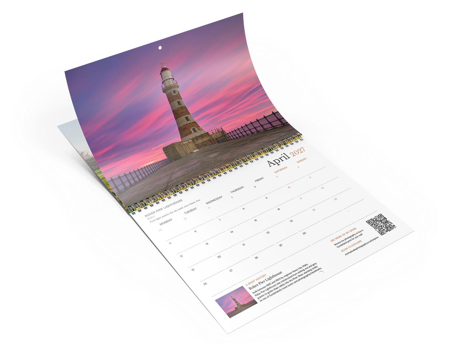 Sunderland Calendar 2027 open to April, showing Roker Pier Lighthouse at sunrise with white wire binding and hanging hole