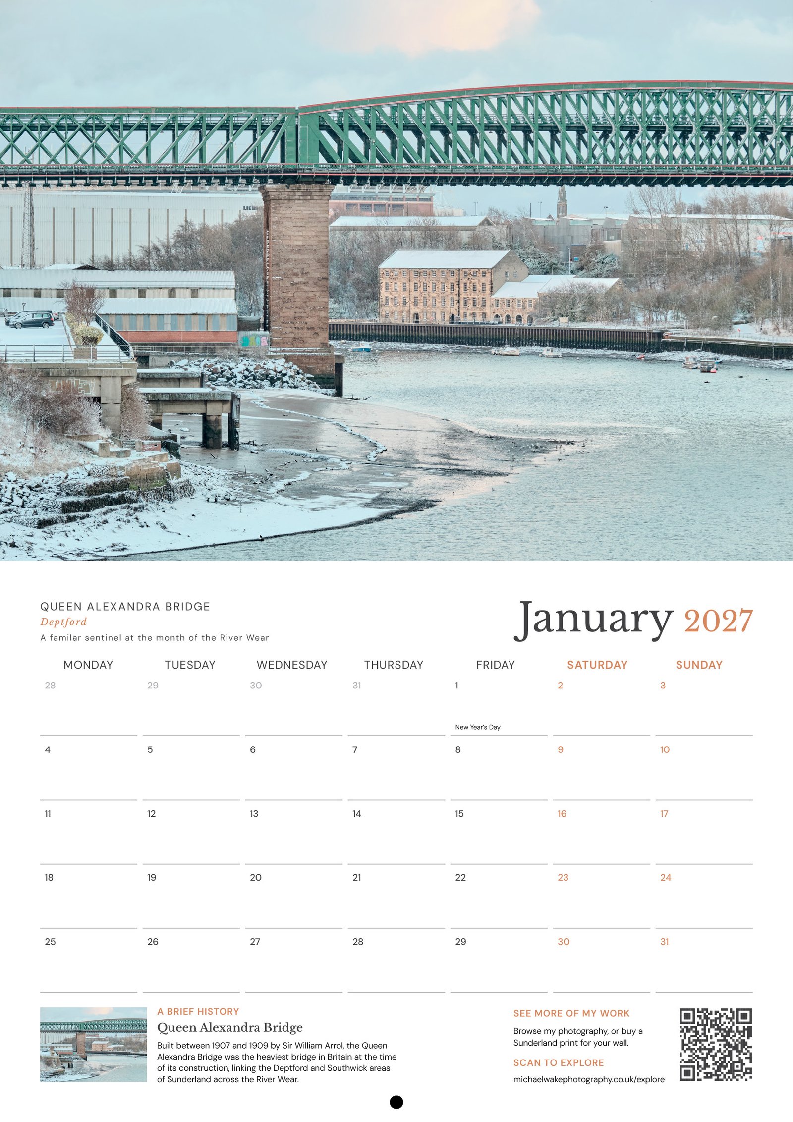 Sunderland Calendar 2027 open to January, showing Queen Alexandra Bridge in snow at Deptford, Sunderland
